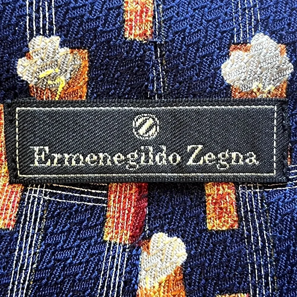 Ermenegildo Zegna Disegno Esclusivo Tie Foulard Blue‎ Orange Floral Geometric